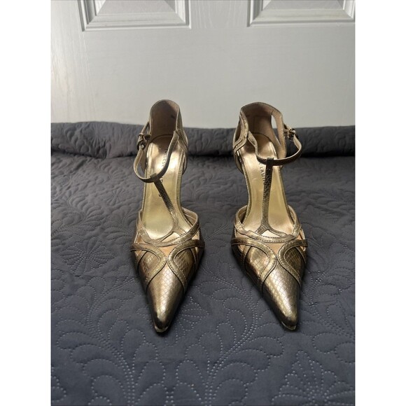 Chinese Laundry VEDA Pointed Toe T-Strap Bronze Gold Snakeskin Pumps SZ 9M Glam - Picture 3 of 13